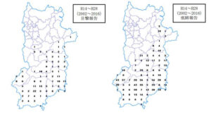 【奈良県】2002年から2016年の狩猟期間(11月～2月・3月)に狩猟者から報告された目撃情報と痕跡情報の件数